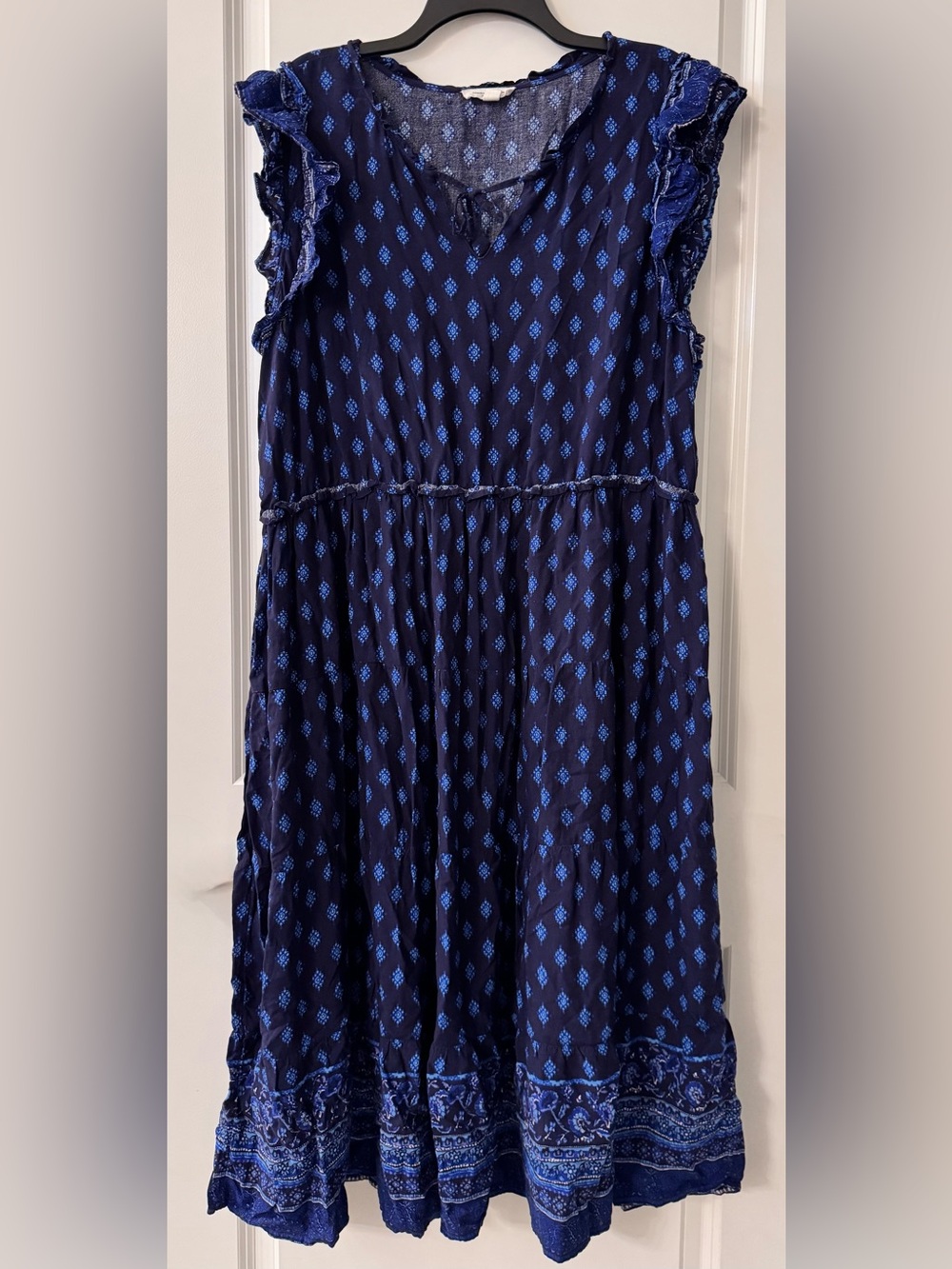 1AD3 - Beach Lunch Lounge Blue Boho Geo Floral Flutter Sleeve Midi Dress